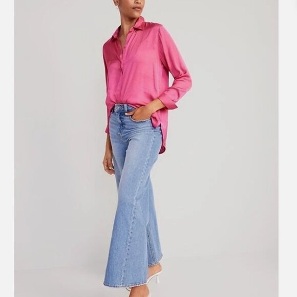 Old Navy Loose Satin Button-Down Shirt Small - Picture 2 of 8